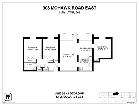 A floor plan for a property at 903 Mohawk Road East in Hamilton, ON, showing the layout of the bedrooms, living room, kitchen, and bathrooms.